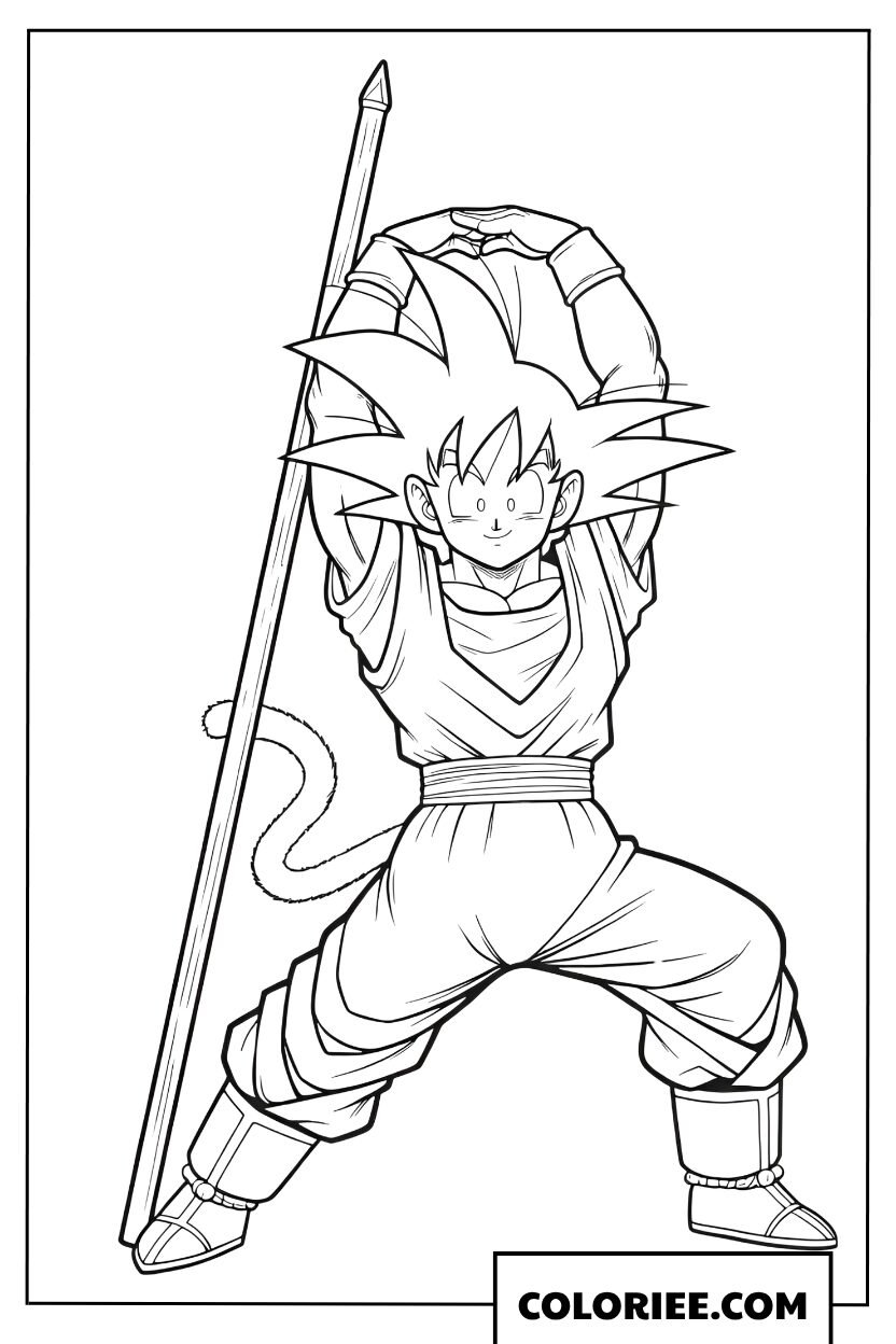 Coloriage de Son Goku s'entraînant activement avec une barre en bois