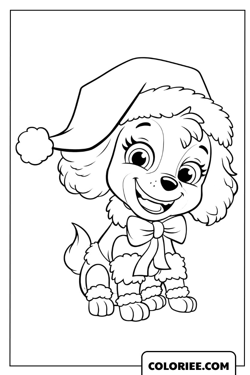 Coloriage de Stella en tenue de Noël avec un bonnet de Père Noël et un nœud