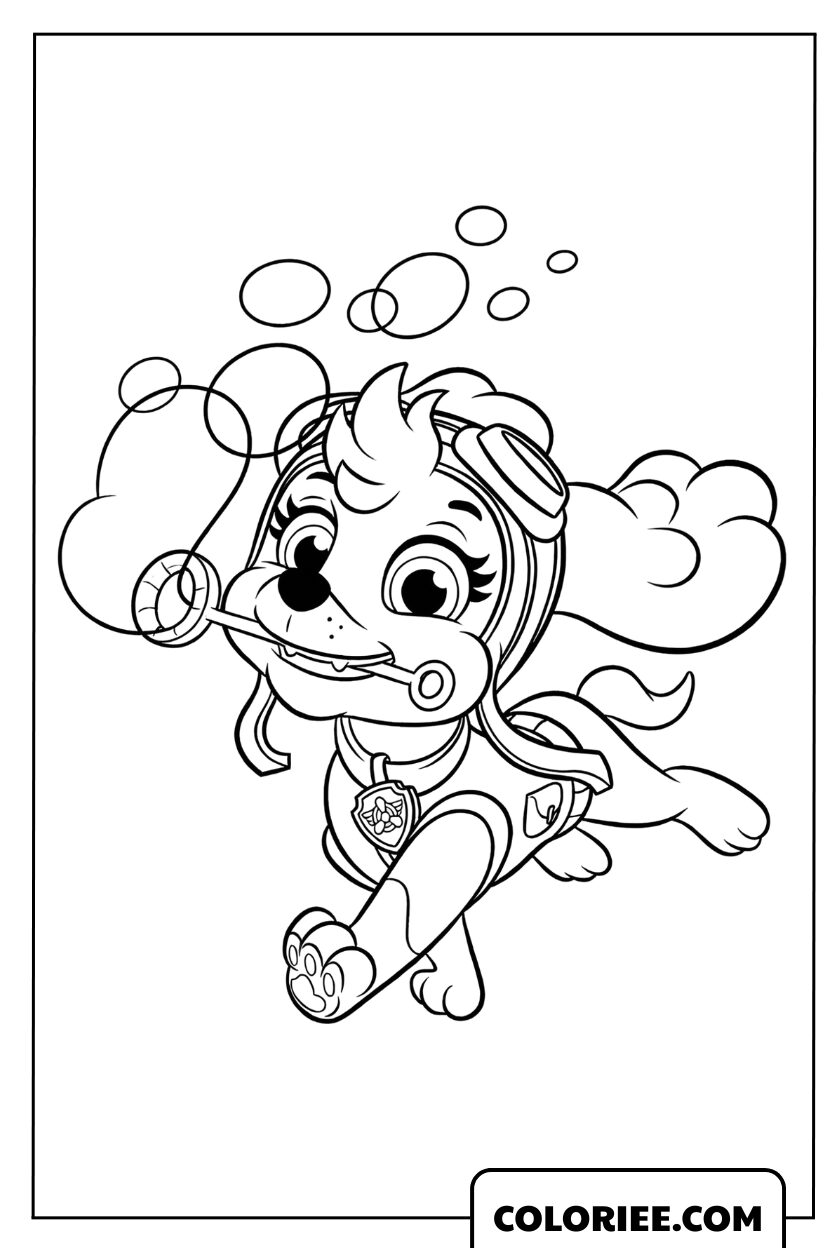 Coloriage de Stella espiègle jouant avec des bulles de savon