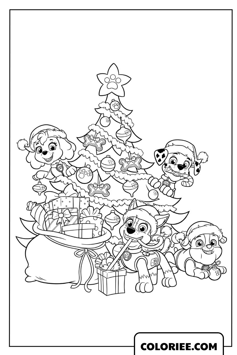 Coloriage de la Pat' Patrouille autour du sapin de Noël