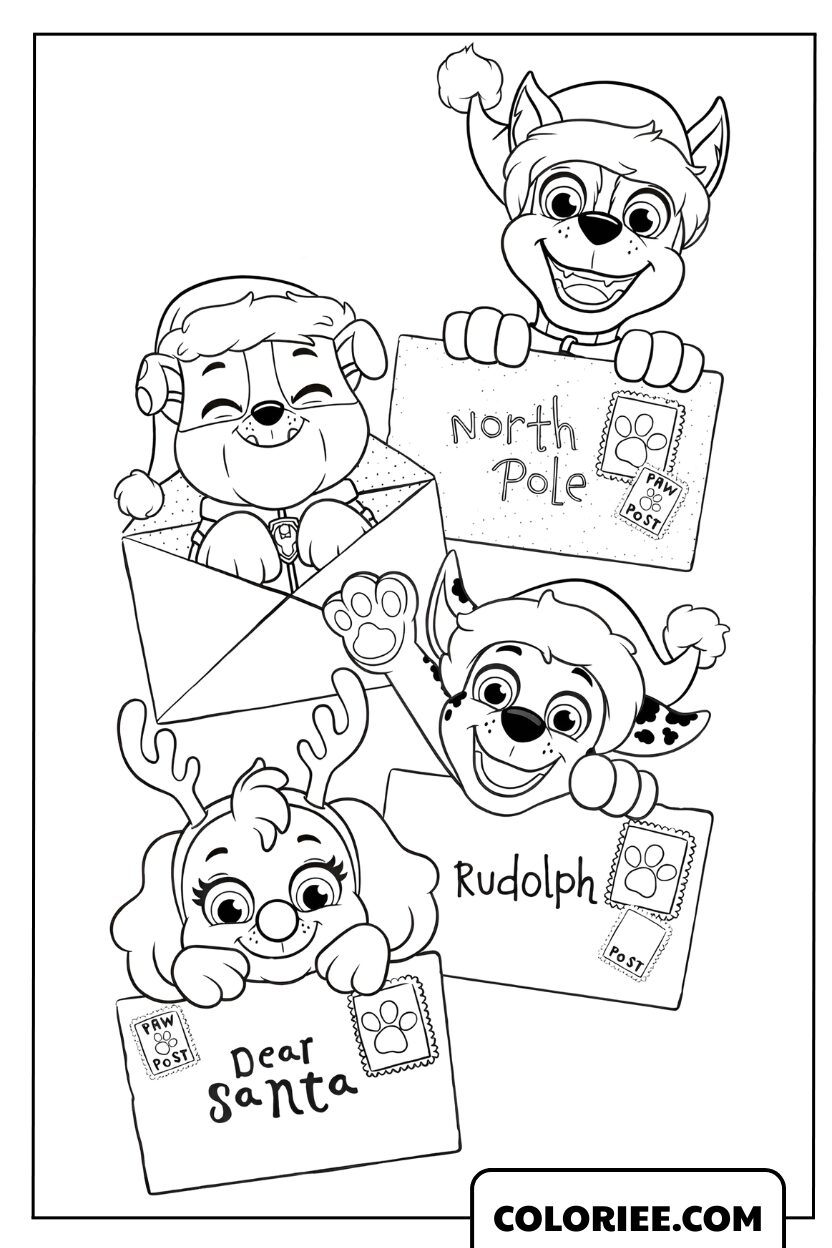 Coloriage des chiots de la Pat' Patrouille envoyant des lettres au Père Noël