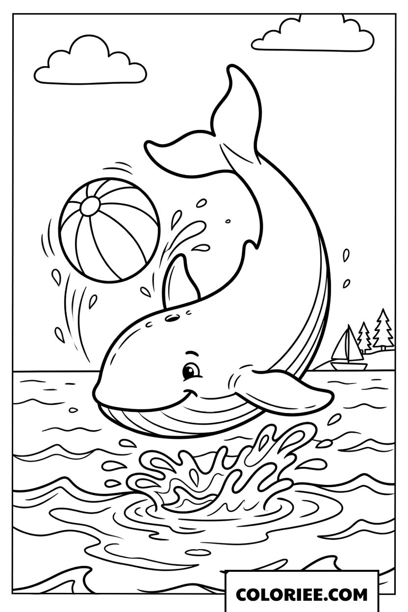 Coloriage dun bebe baleine jouant avec un ballon sur leau