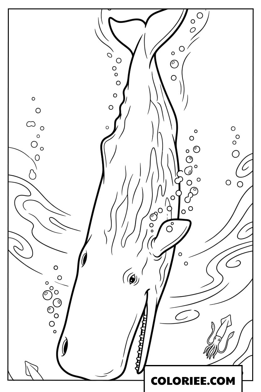 Coloriage dun cachalot plongeant pour chasser des calmars