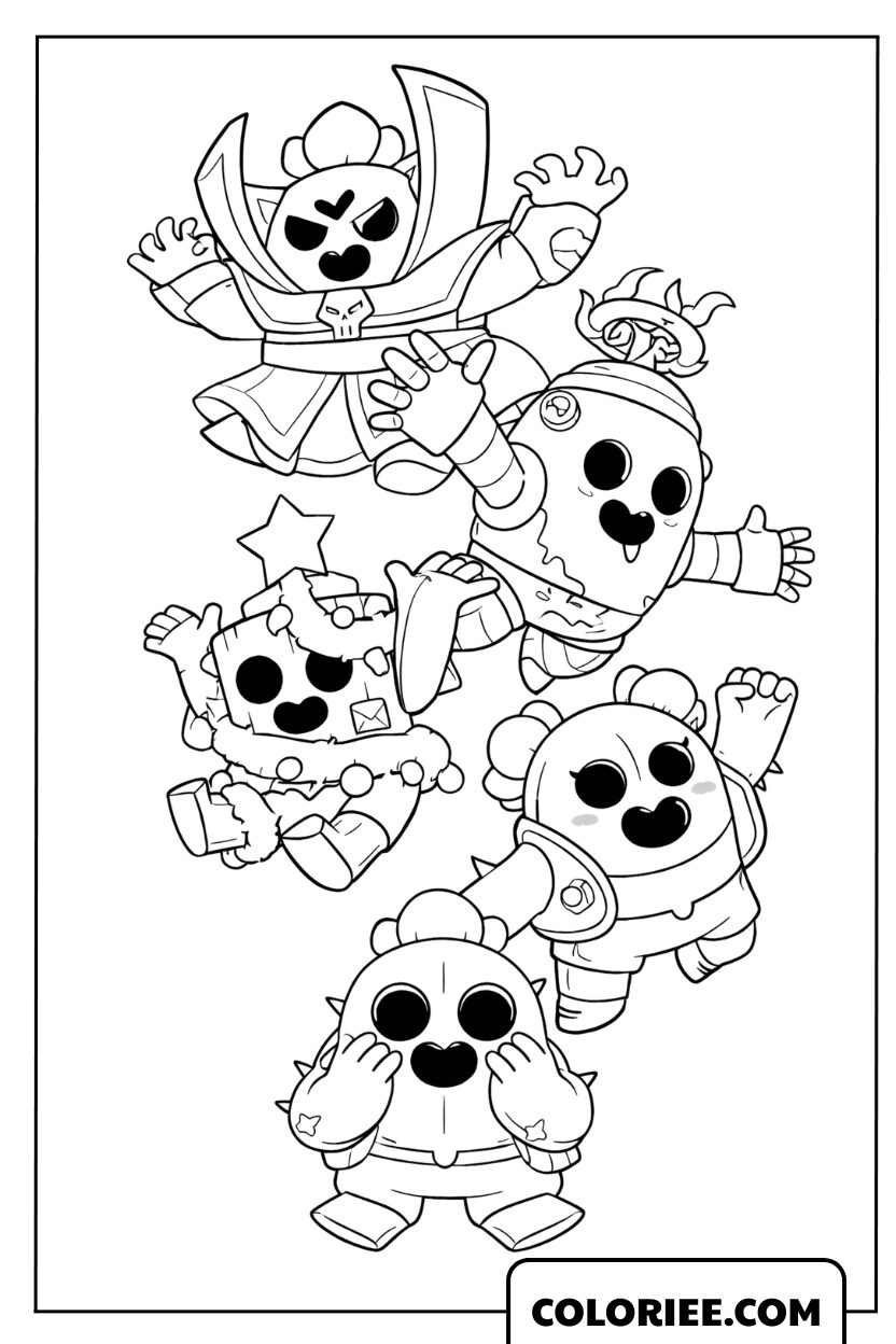 Coloriage d'un groupe de petits Spike aux expressions variées