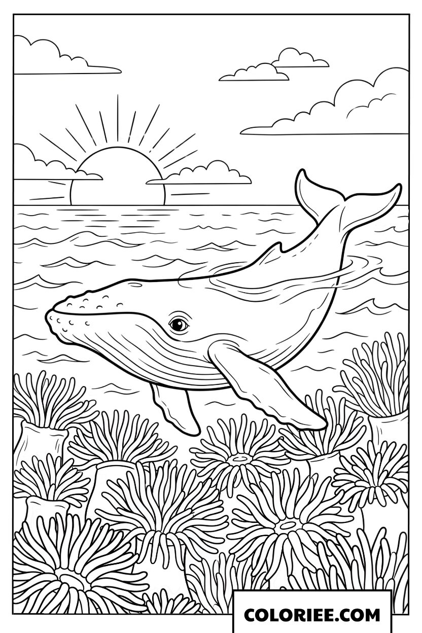 Coloriage dune baleine a la surface sous le coucher du soleil