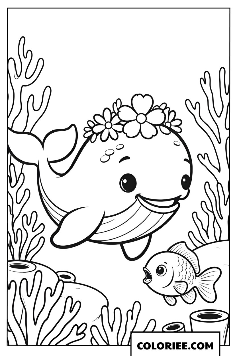 Coloriage dune baleine avec couronne de fleurs