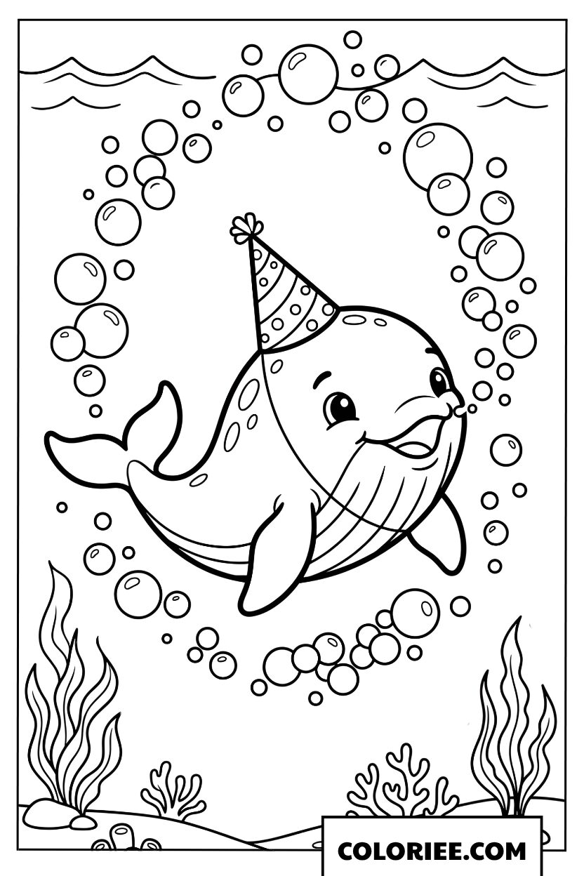 Coloriage dune baleine chapeautee traversant un cercle de bulles