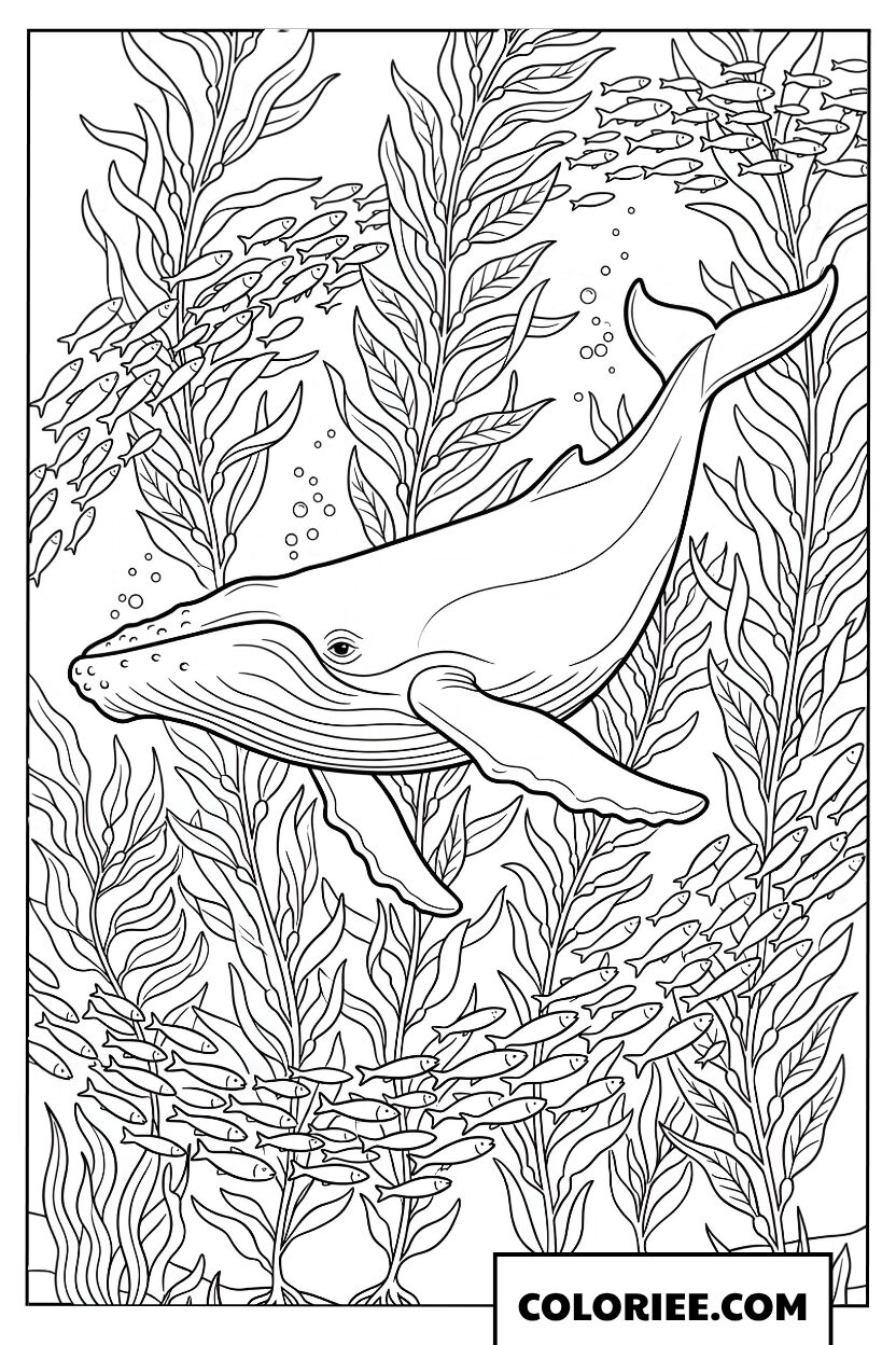 Coloriage dune baleine dans une foret dalgues