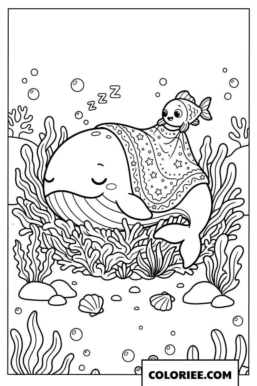Coloriage dune baleine endormie avec sa petite couverte