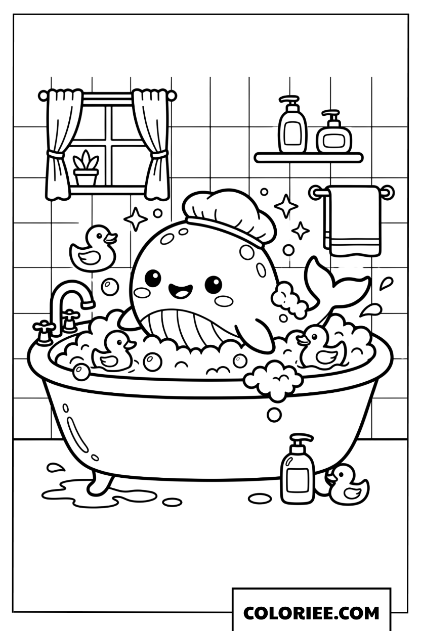 Coloriage dune baleine mignonne avec un bonnet de douche