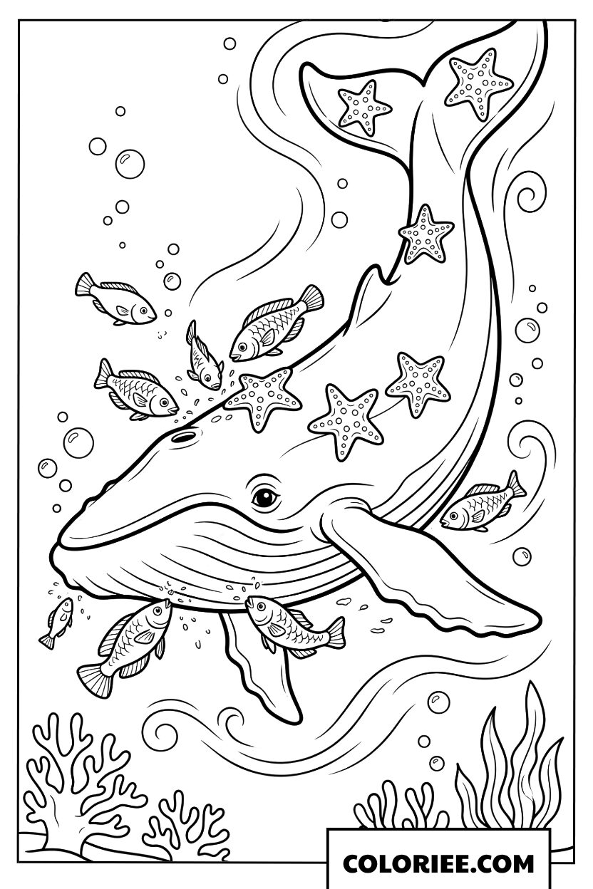 Coloriage dune baleine nageant avec des etoiles de mer et des poissons