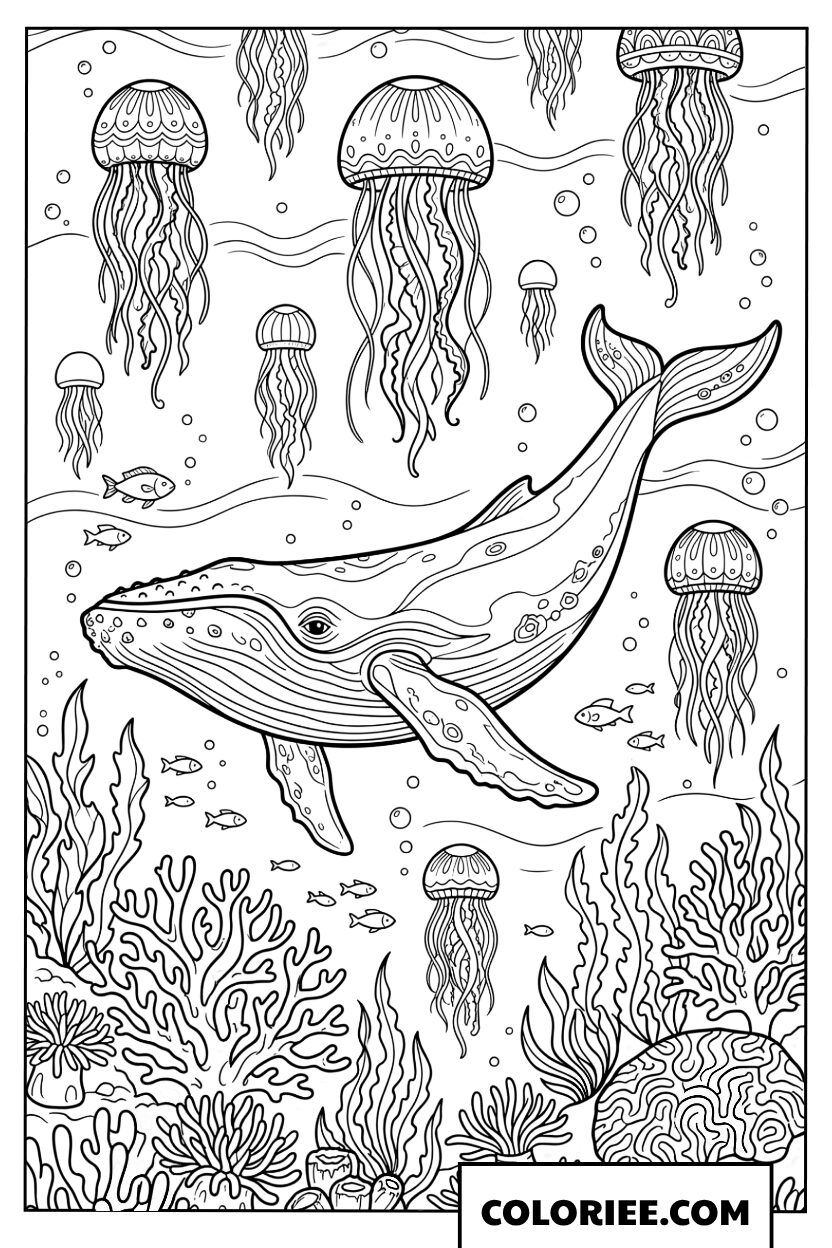 Coloriage dune baleine nageant avec des meduses dans locean