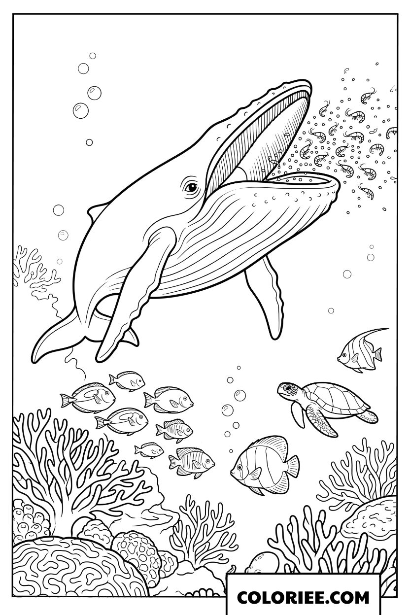 Coloriage dune baleine ouvrant la bouche pour se nourrir