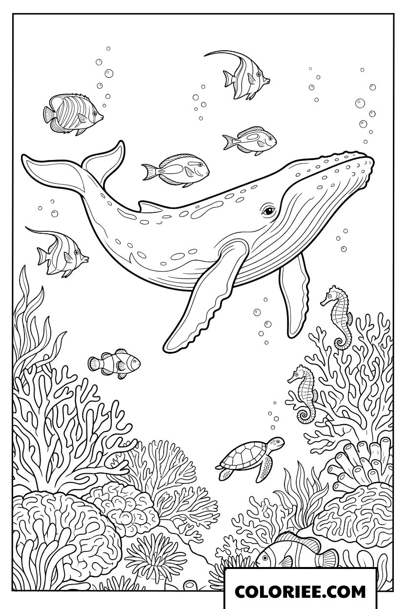 Coloriage dune baleine parmi les recifs coralliens coloreis