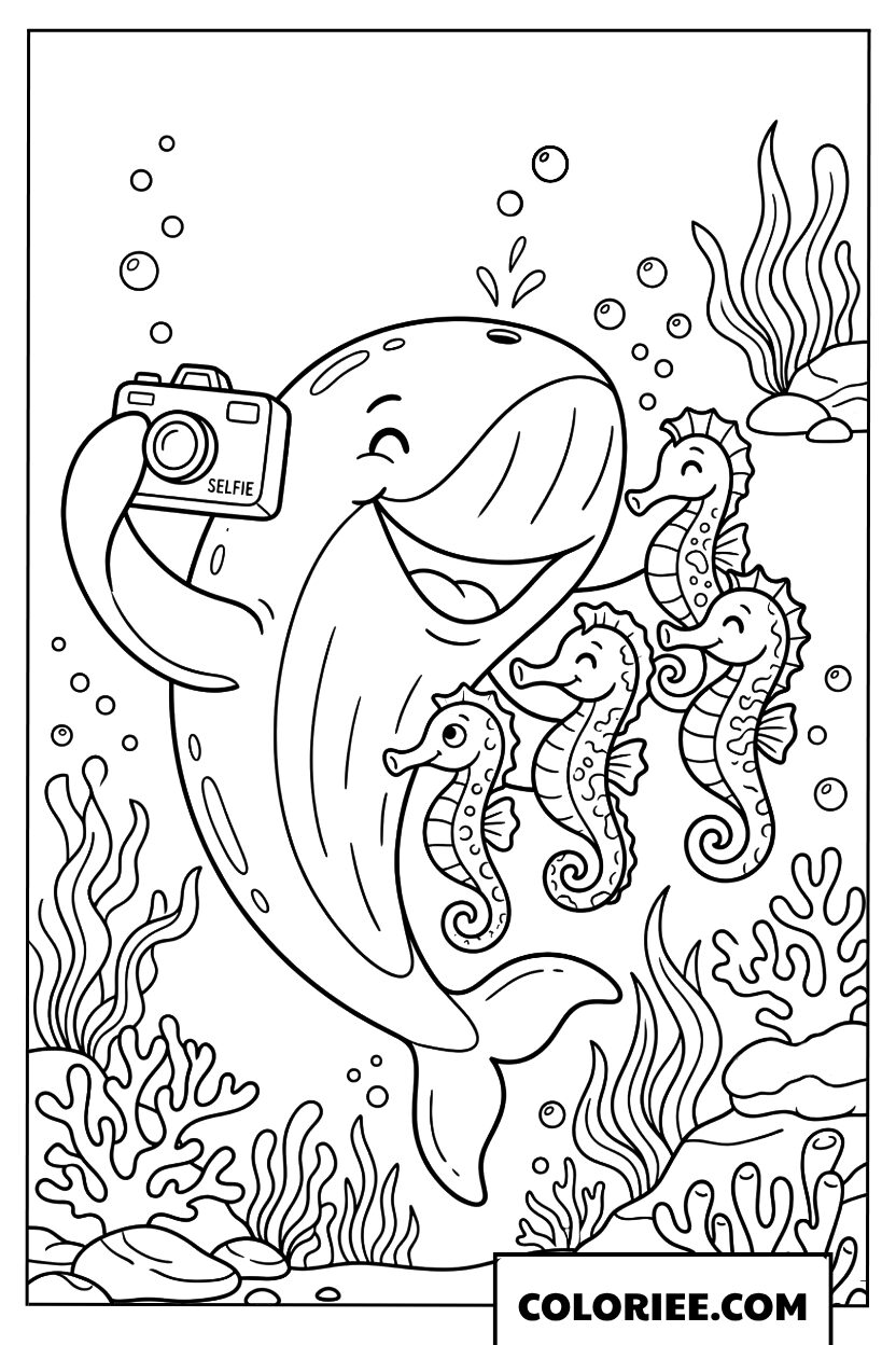 Coloriage dune baleine photographe avec des hippocampes