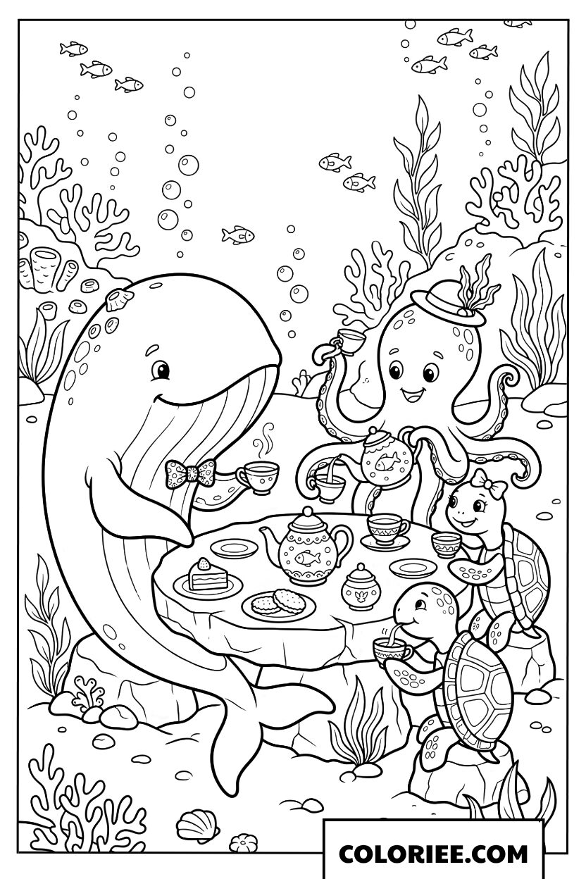 Coloriage dune baleine prenant le the avec un poulpe et des tortues