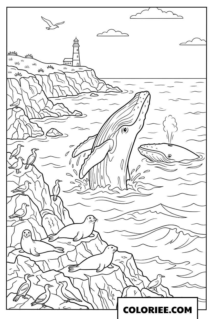 Coloriage dune baleine pres dune falaise avec des phoques et un phare