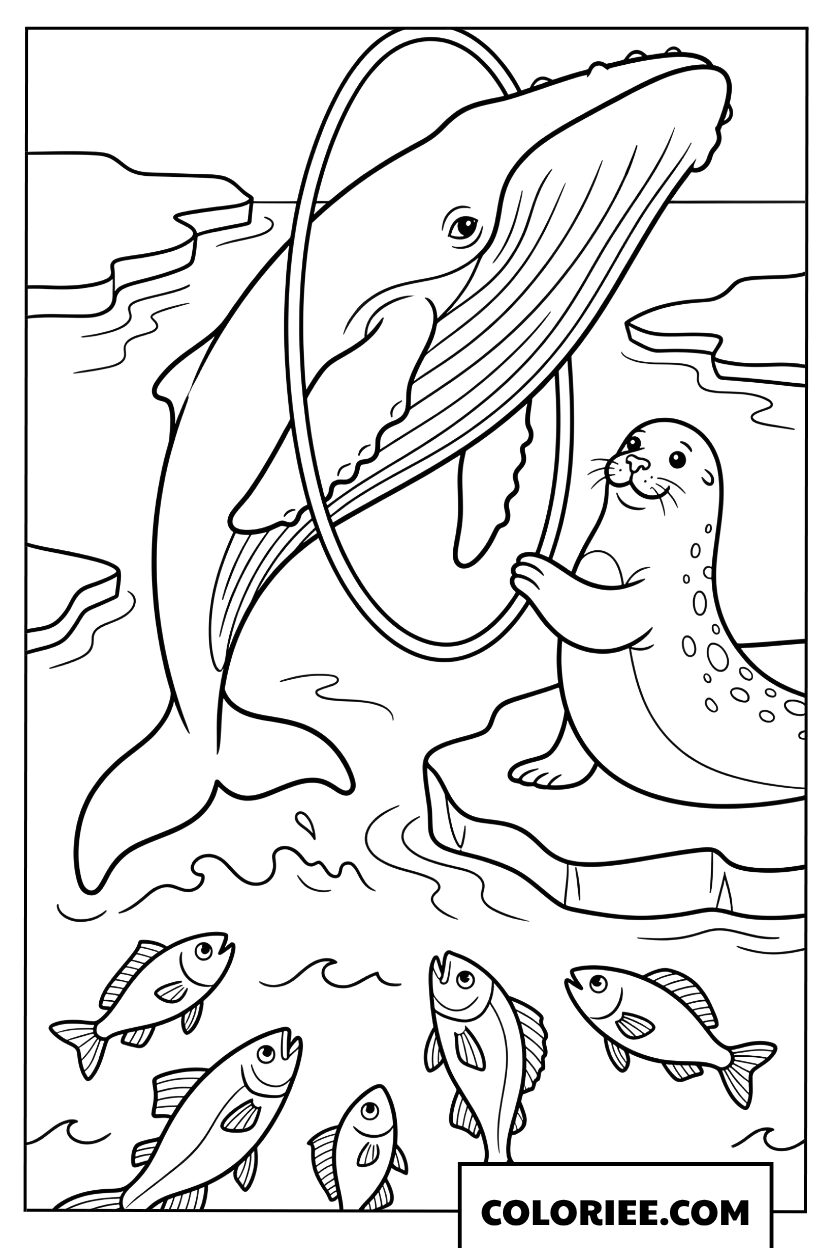 Coloriage dune baleine sautant a travers un cerceau avec un phoque