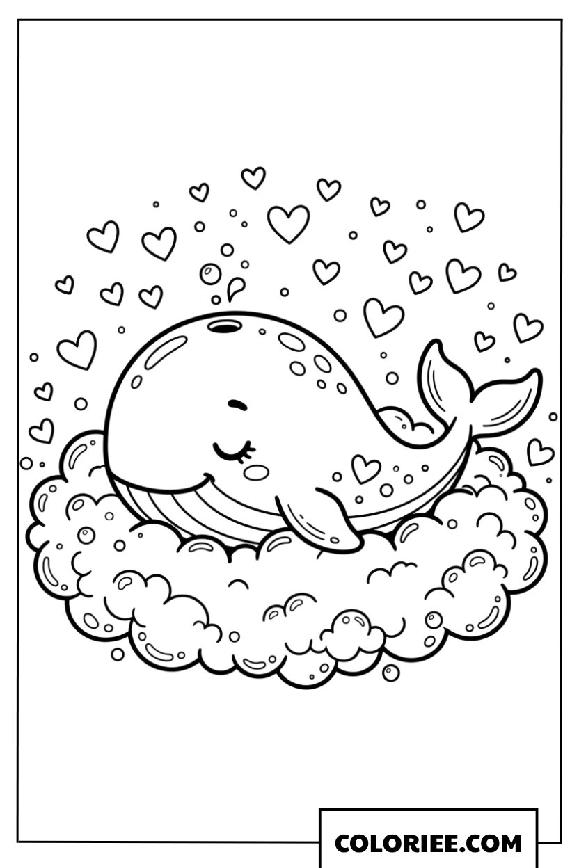 Coloriage dune baleine sur un nuage de coeurs