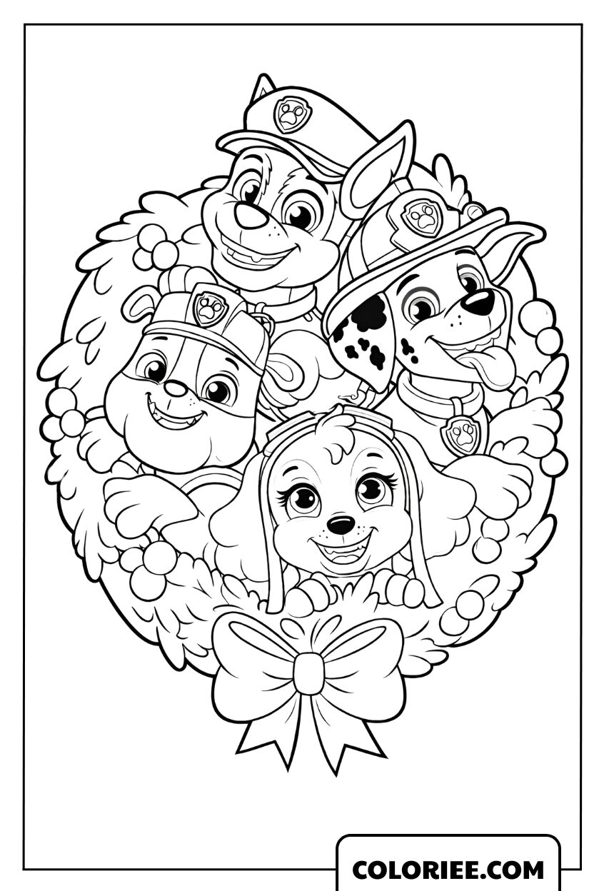 Coloriage d'une couronne de Noël festive avec les visages des chiots