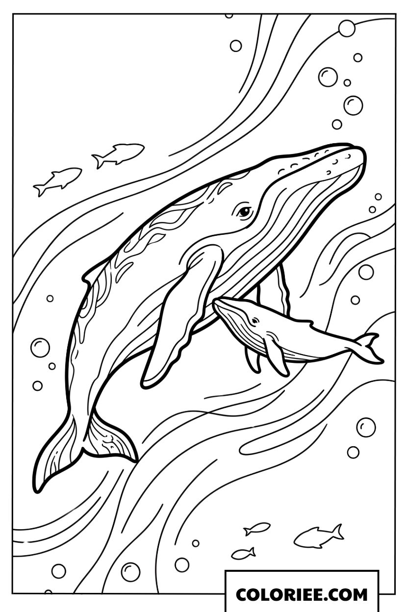 Coloriage dune maman baleine et son baleineau nageant ensemble