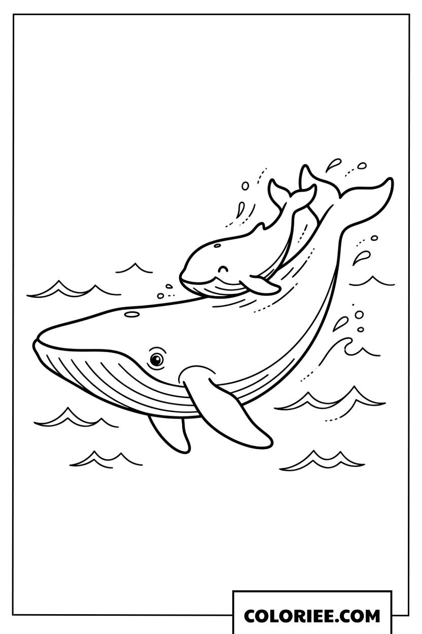 Coloriage dune maman baleine portant son petit sur le dos