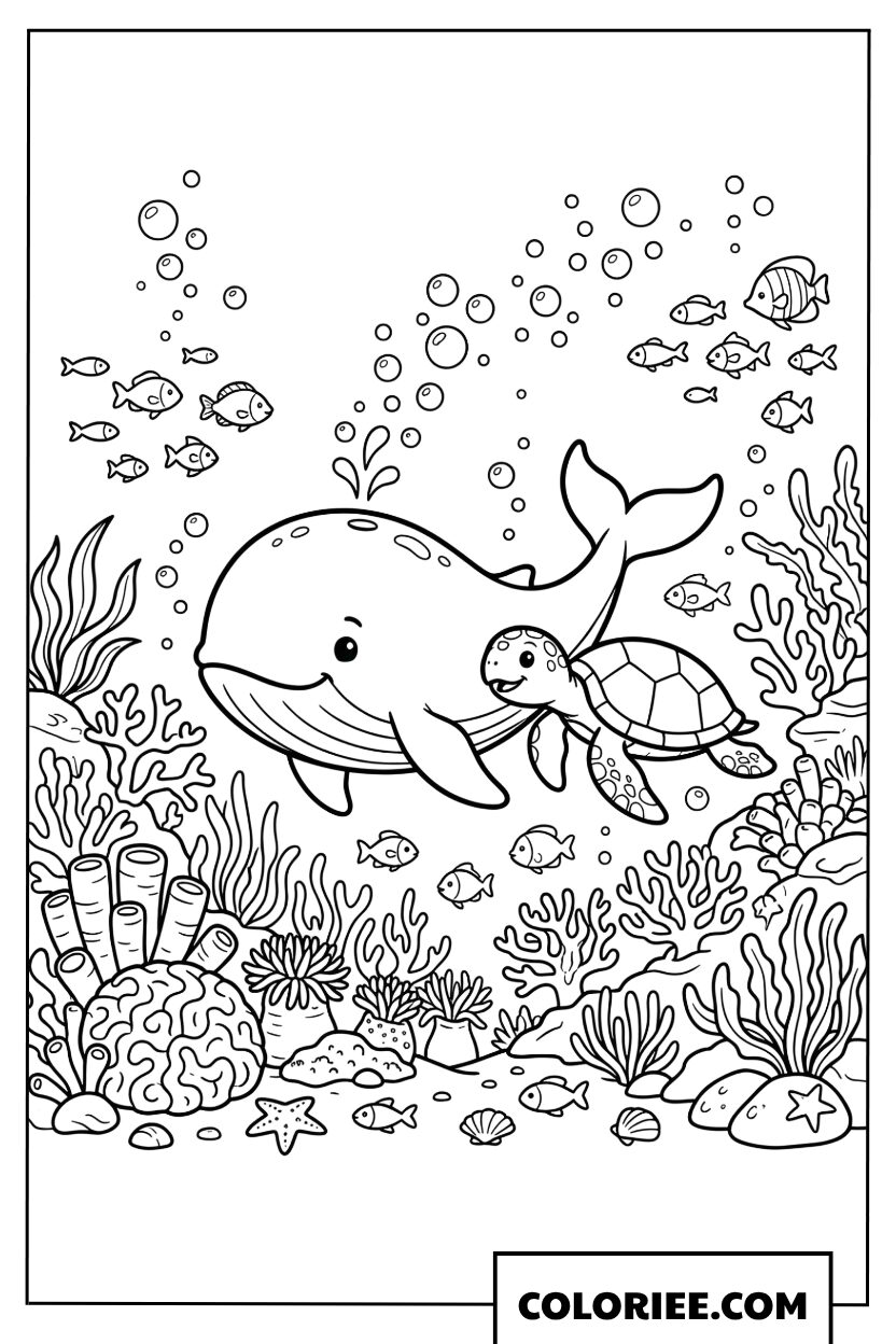 Coloriage dune petite baleine et dune tortue marine sous locean