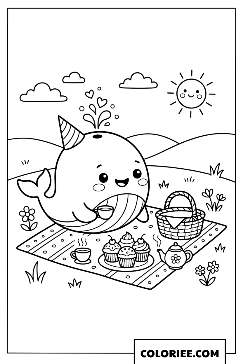 Coloriage dune petite baleine faisant un pique nique