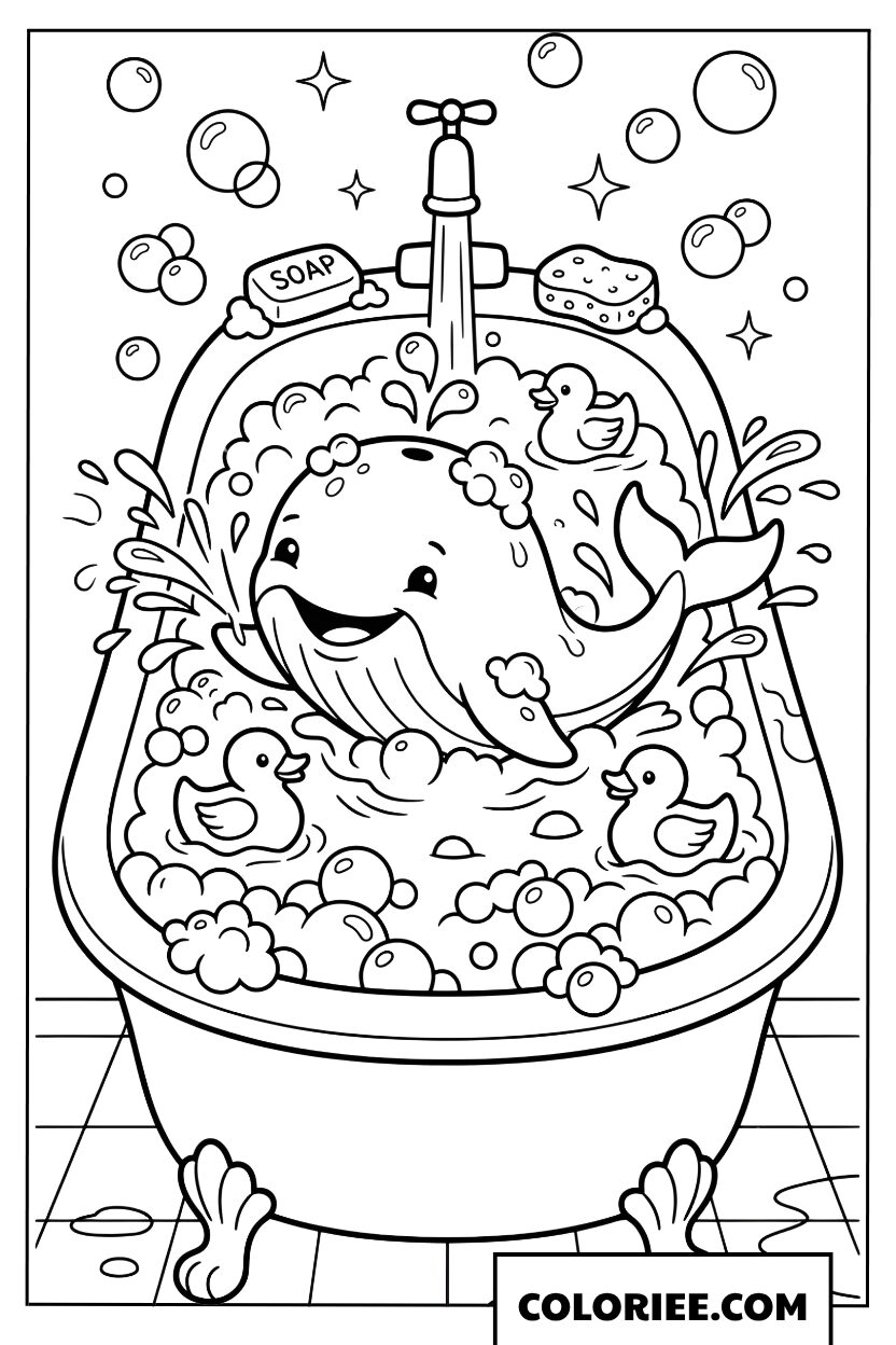 Coloriage dune petite baleine prenant un bain moussant