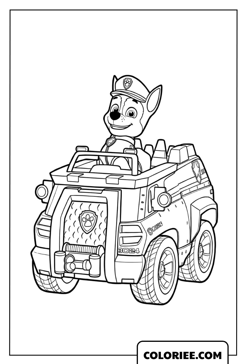 Dessin de Chase au volant de son camion de police
