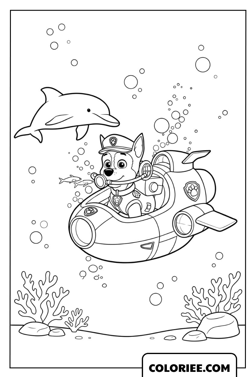 Dessin de Chase pilotant un sous-marin au fond de l'océan
