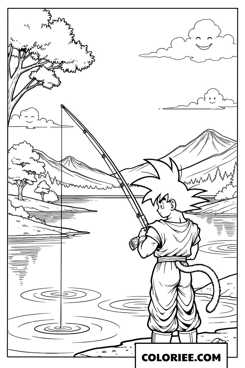 Dessin de Sangoku pêchant au bord d'un lac paisible à colorier