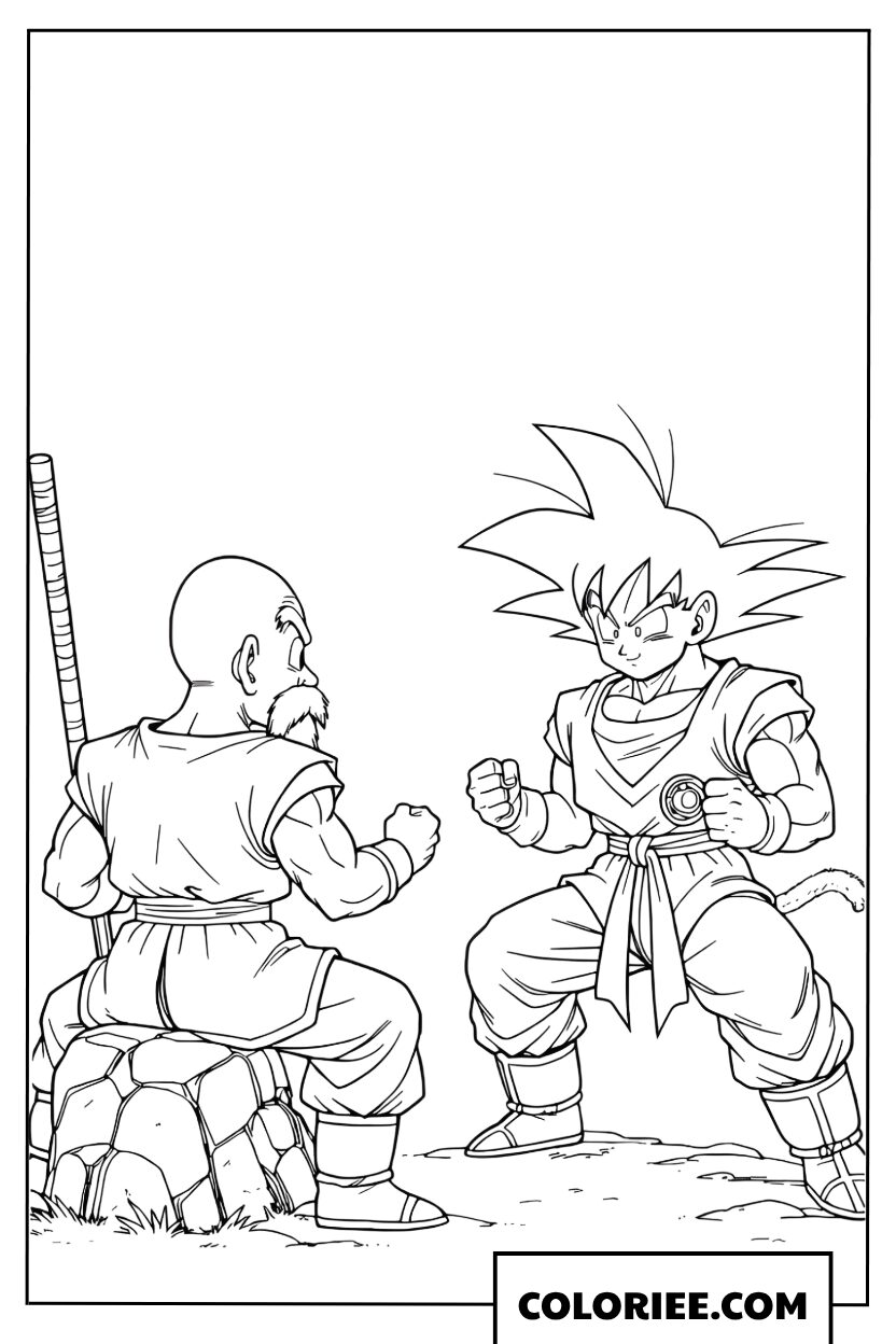 Dessin de Sangoku s'entraînant avec Maître Roshi