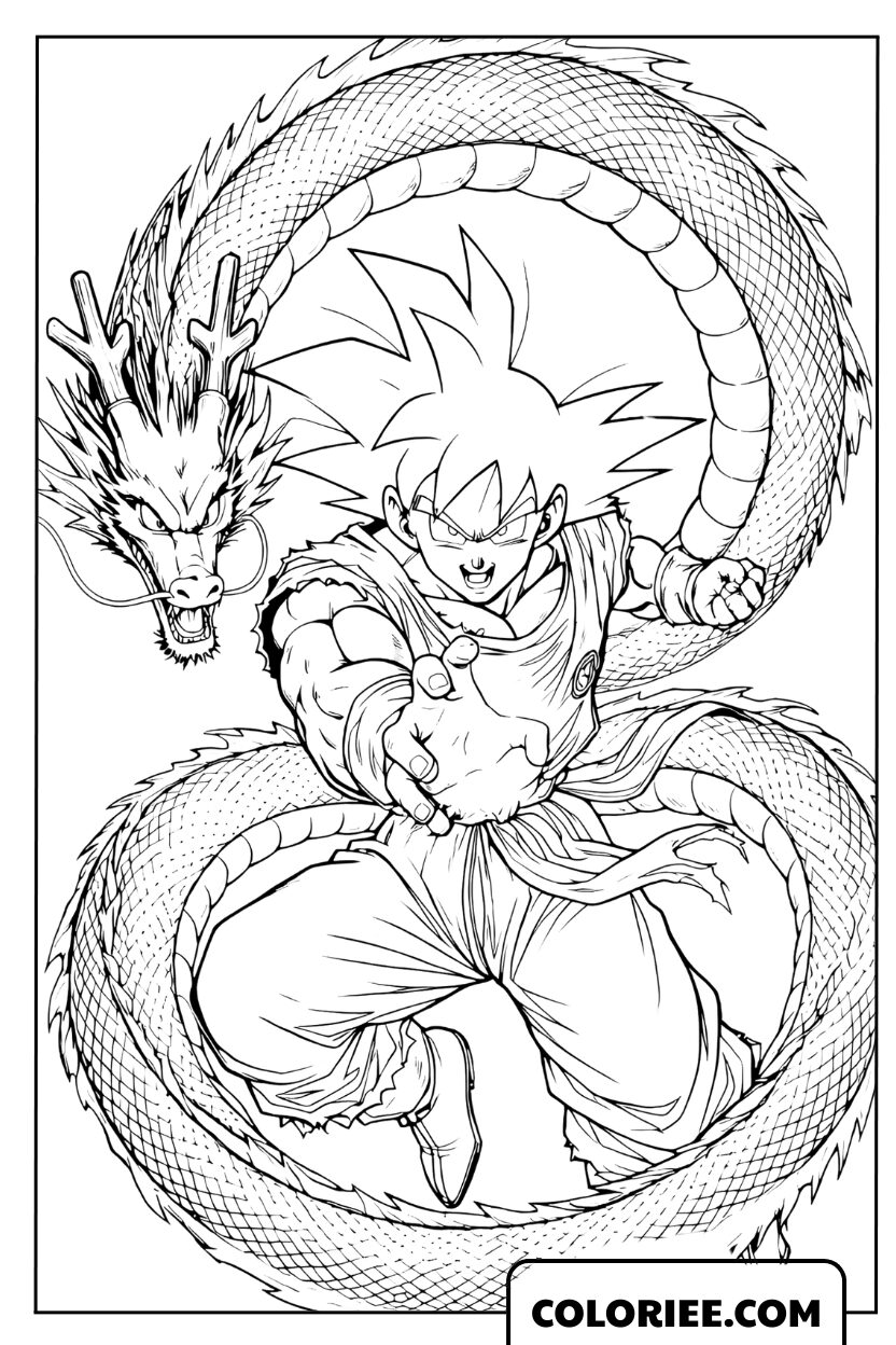 Dessin de Son Goku Super Saiyan avec le majestueux Dragon Shenron