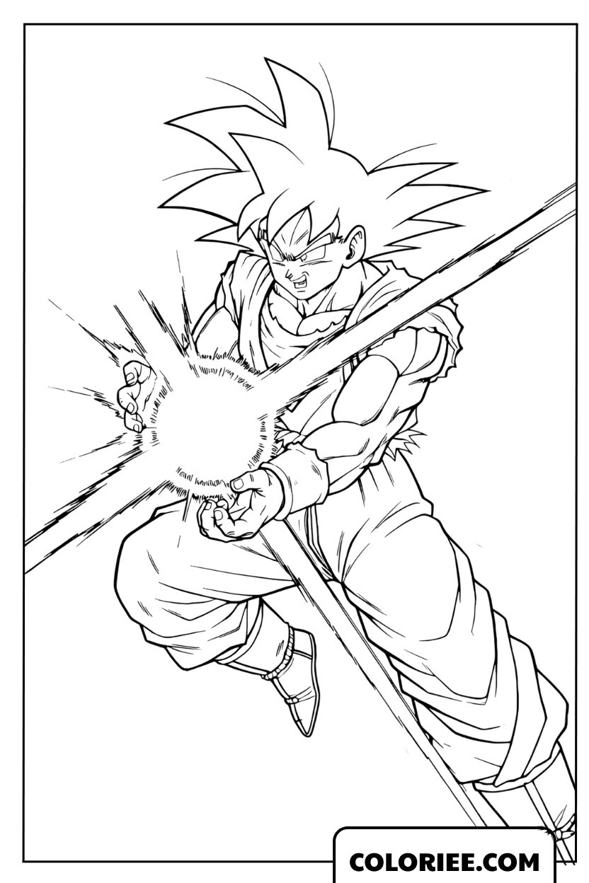 Dessin de Son Goku volant dans les airs lançant un Kamehameha éclatant