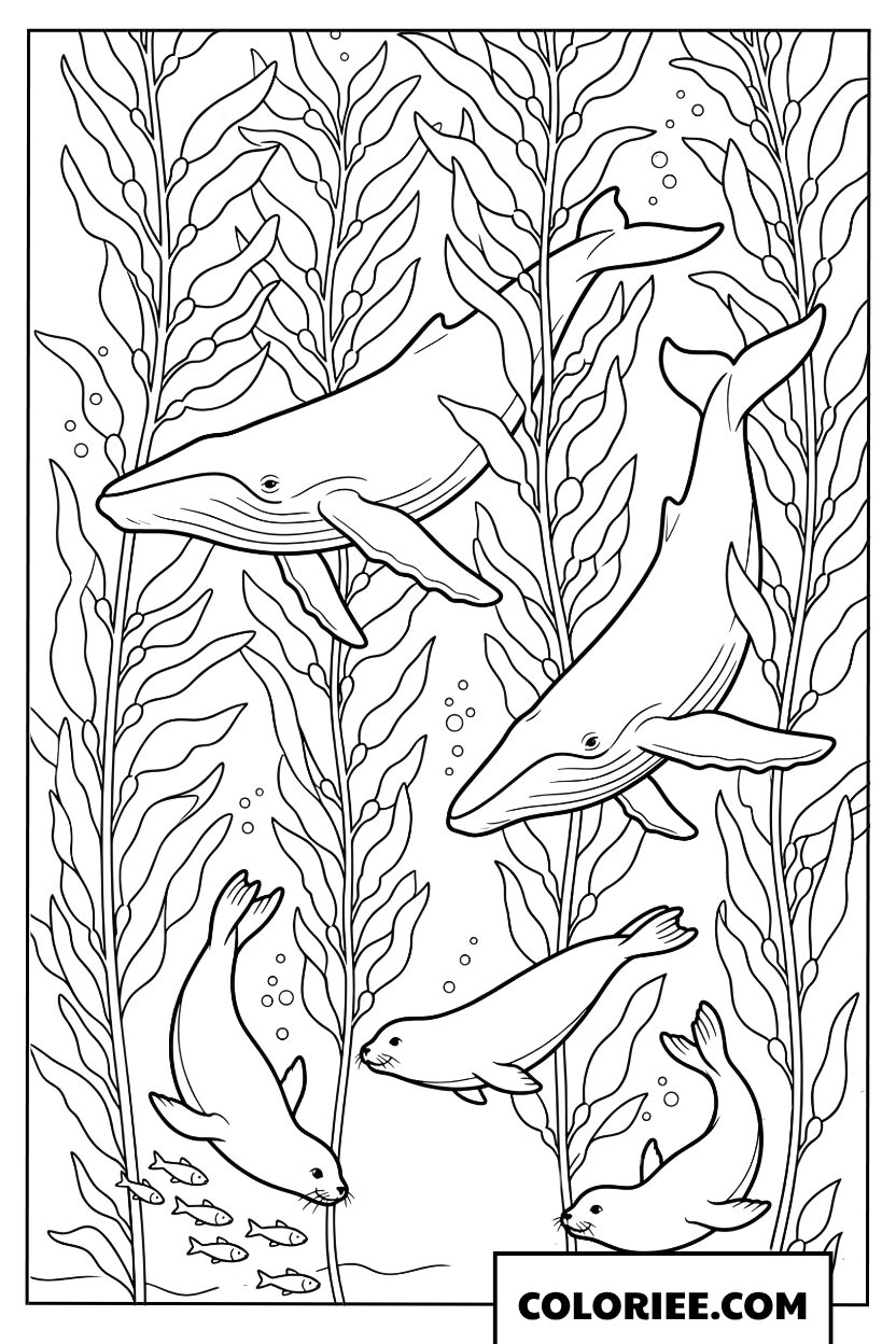 Dessin de baleines et de phoques jouant dans une foret de varech