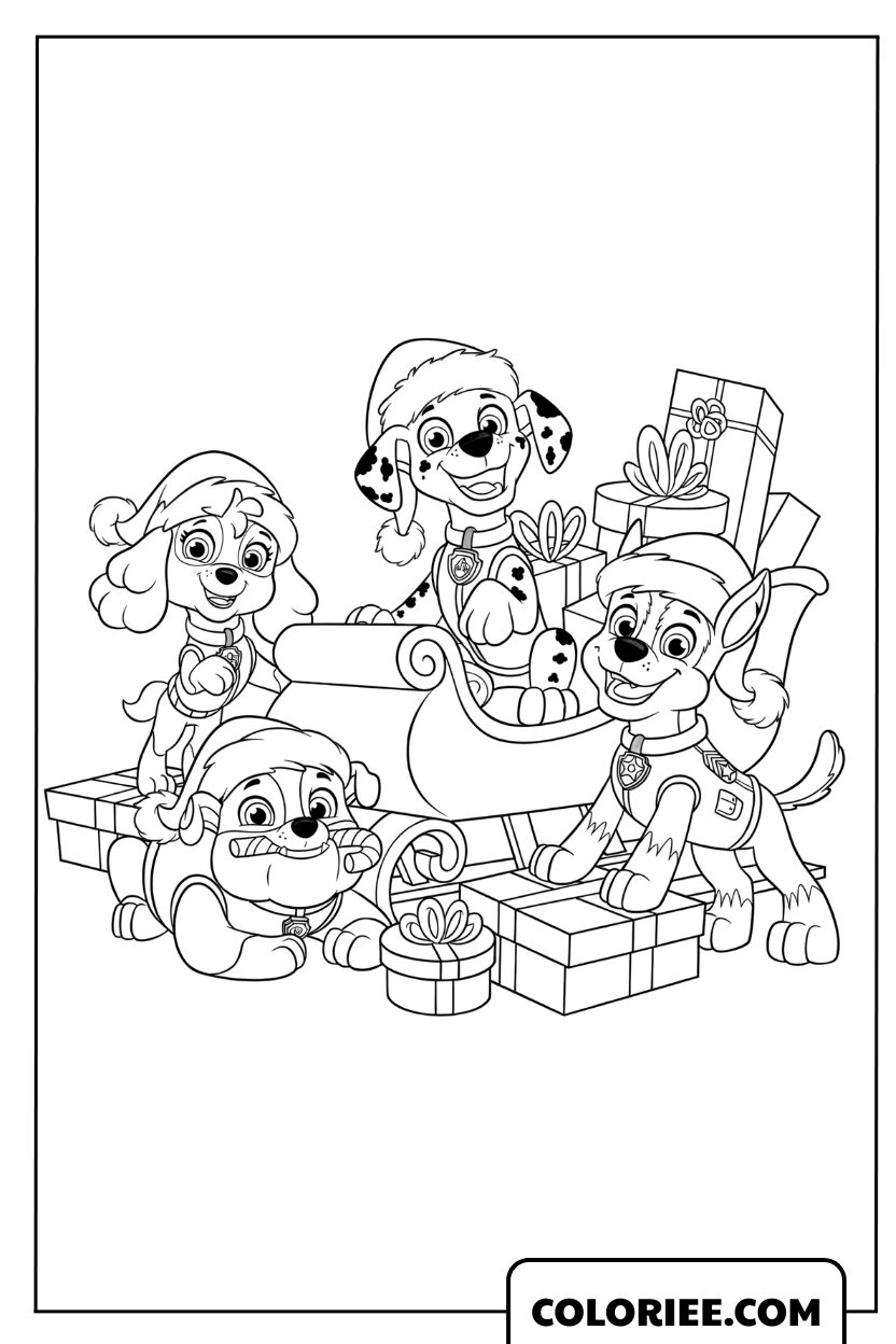Dessin de la Pat' Patrouille à côté du traîneau de cadeaux de Noël
