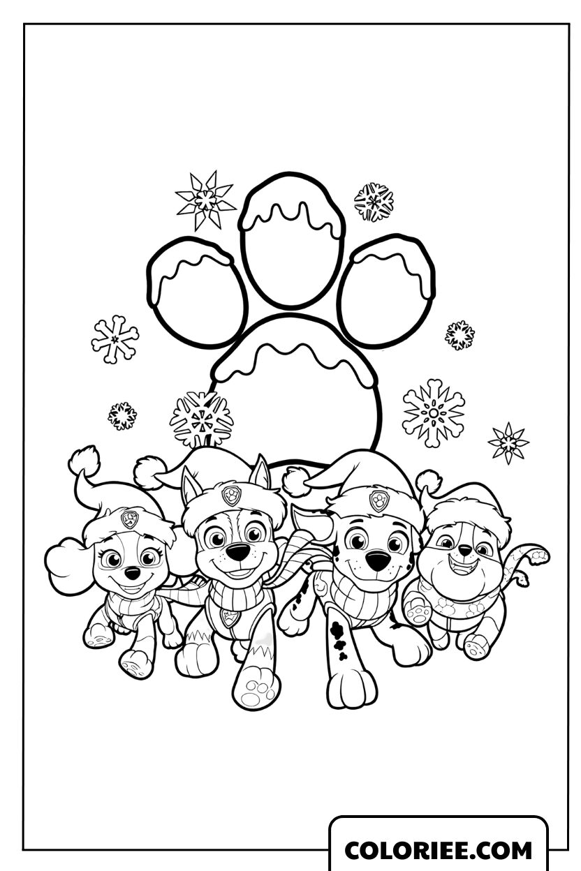 Dessin de la Pat' Patrouille fêtant Noël sous l'insigne de patte enneigé
