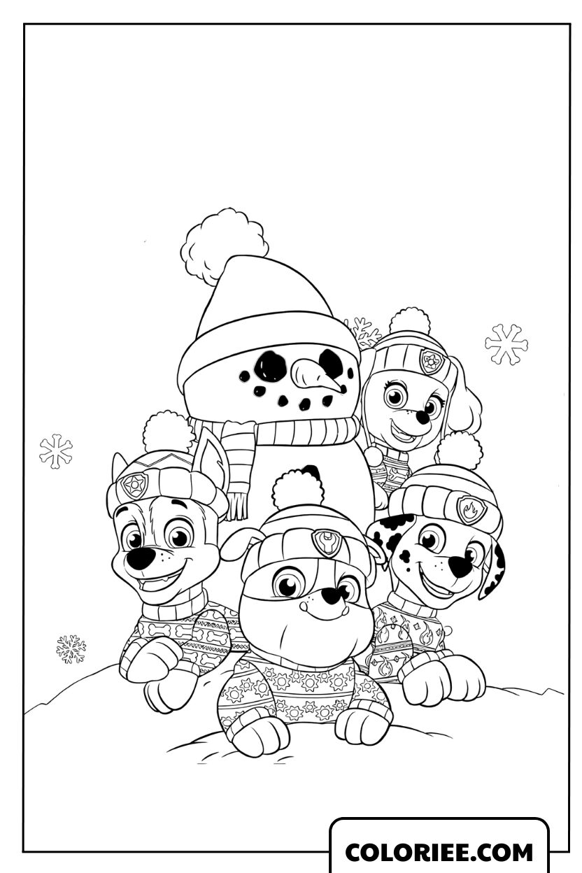 Dessin de la Pat' Patrouille jouant avec un bonhomme de neige géant