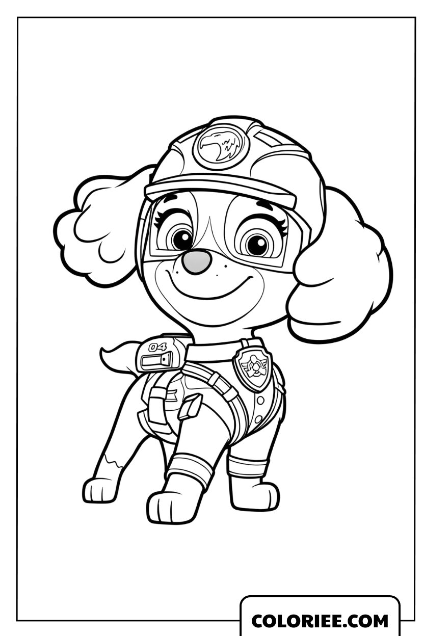 Dessin de la chienne sauveteuse Stella en uniforme et casque de pilote