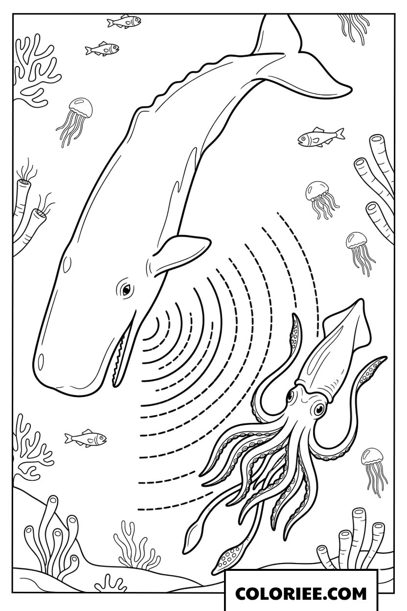 Dessin de la confrontation entre un cachalot et un calmar geant