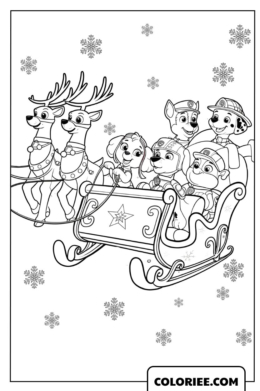 Dessin de toute l'équipe Pat' Patrouille sur le traîneau du Père Noël