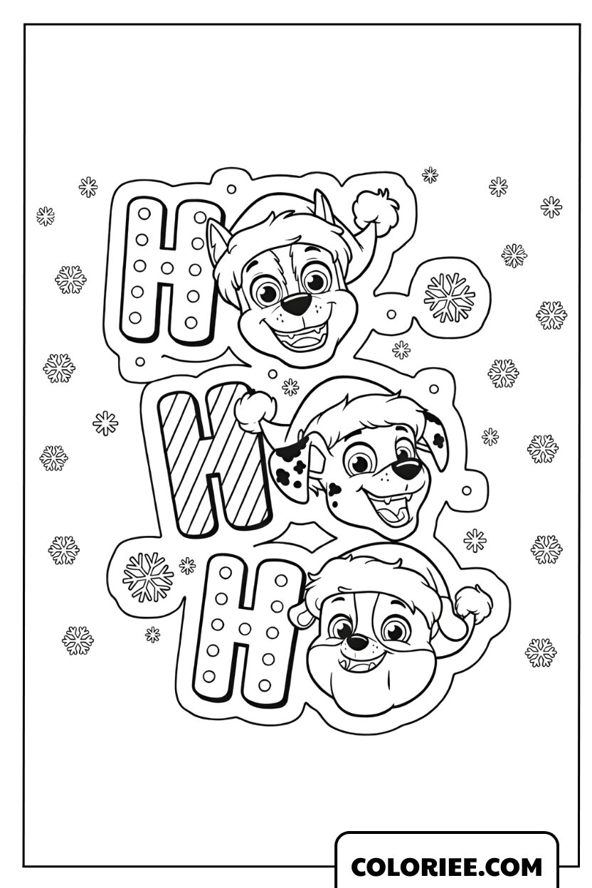 Dessin du message _HO HO HO_ avec les visages joyeux des chiots