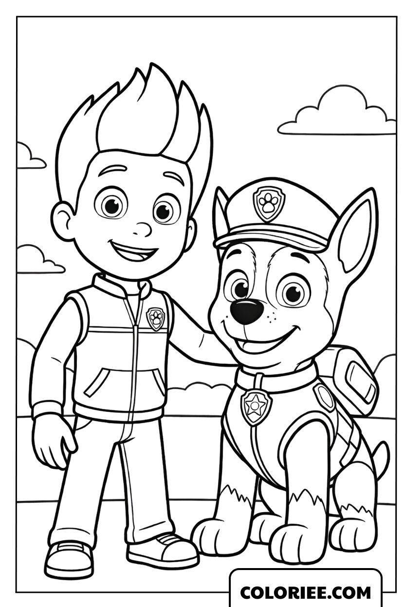 Dessin du moment de complicité entre Ryder et le chiot Chase