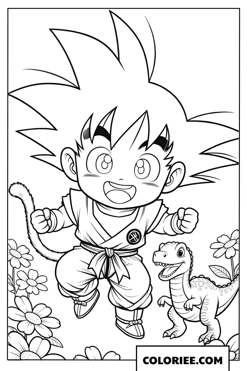 Dessin du petit Goku s'amusant avec un petit dinosaure