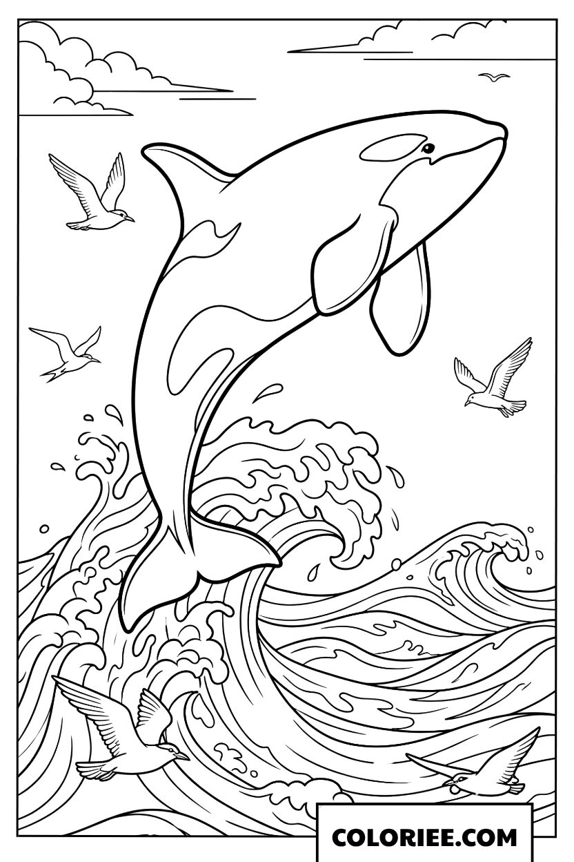 Dessin dun orque bondissant sur les vagues deferlantes
