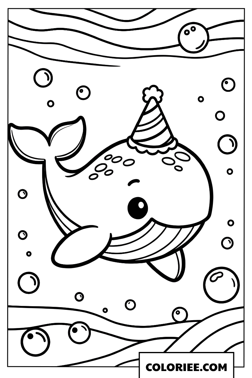 Dessin dune baleine avec chapeau danniversaire