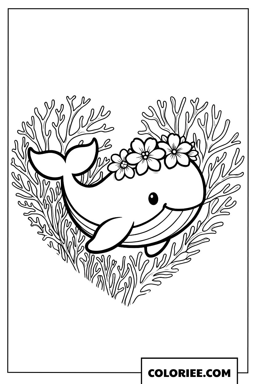 Dessin dune baleine avec une couronne de fleurs en forme de coeur