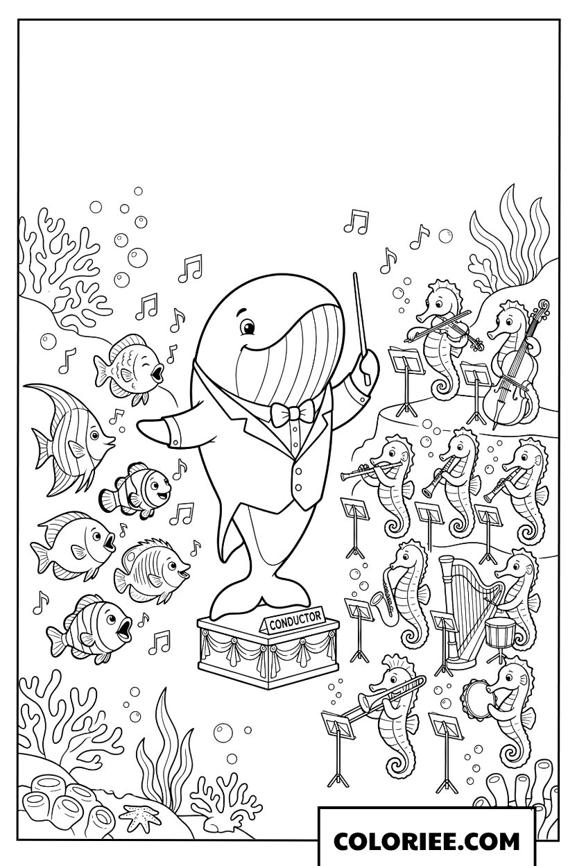 Dessin dune baleine chef dorchestre dirigeant des hippocampes