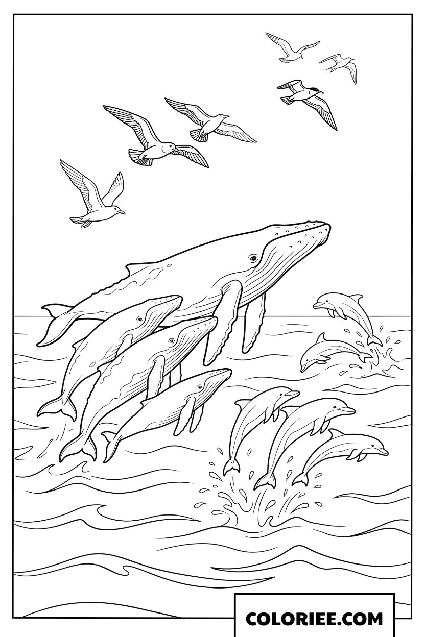 Dessin dune baleine et des dauphins sautant au dessus de leau